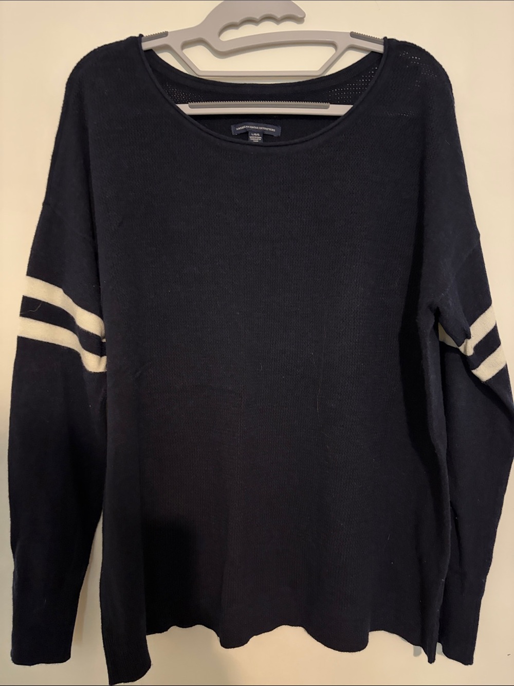 American Eagle Outfitters Navy Crewneck Sweater with White Sleeve Stripes